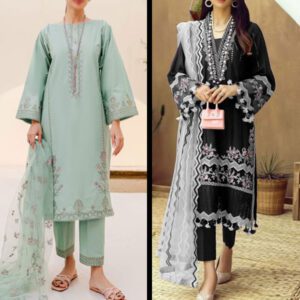 EID DEAL Pack of 2 Lawn Embroidery 3 Pec Dress Chiffon Embroidery Dupatta (Unstitched)