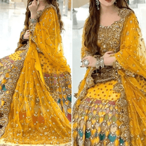 Luxury Mirror & Handwork Heavy Embroidered Net Mehndi Bridal Lehenga Dress 2023 (Unstitched) (CHI-663)