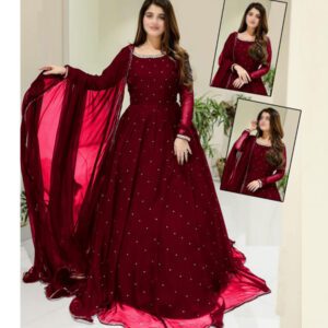 Stitched Chiffon Heavy Pearl Maxi With 4 Side Lace Dupatta (RM-156)