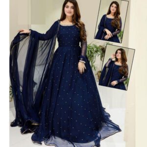 Stitched Chiffon Heavy Pearl Maxi With 4 Side Lace Dupatta (RM-157)