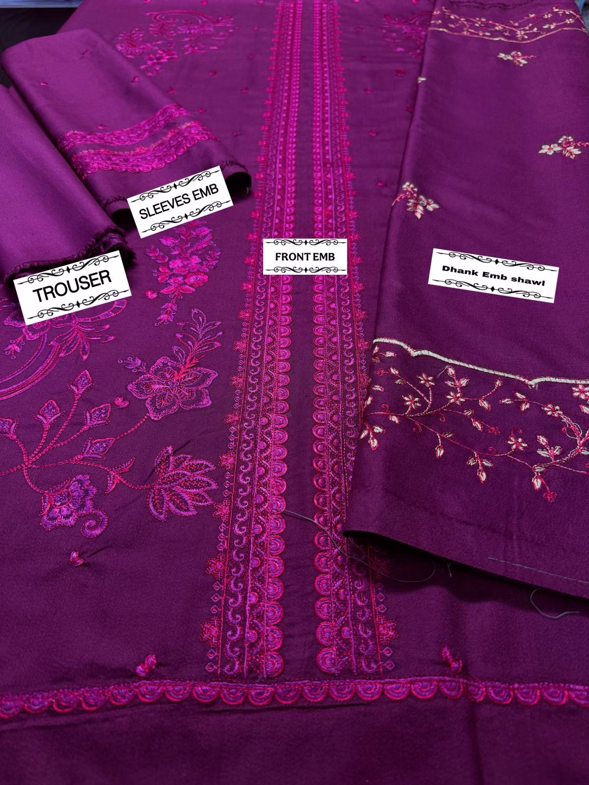 3PC Premium Dhanak Collection | Thread Embroidery with Shawl (RH) - Image 4