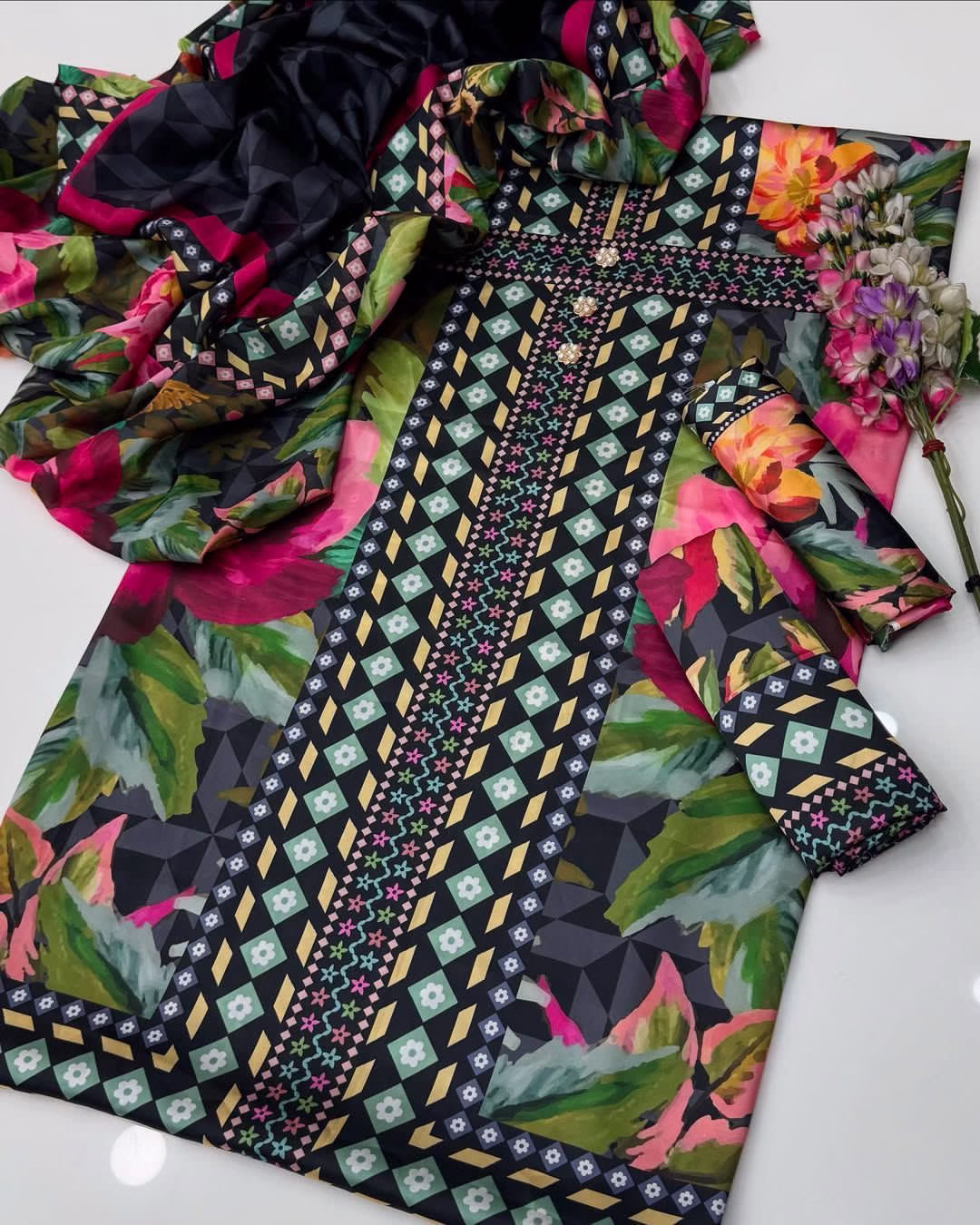 Premium Shamooz Silk Printed Unstitched 3PC Suit | Luxury Festive Wear (SHA) - Image 2