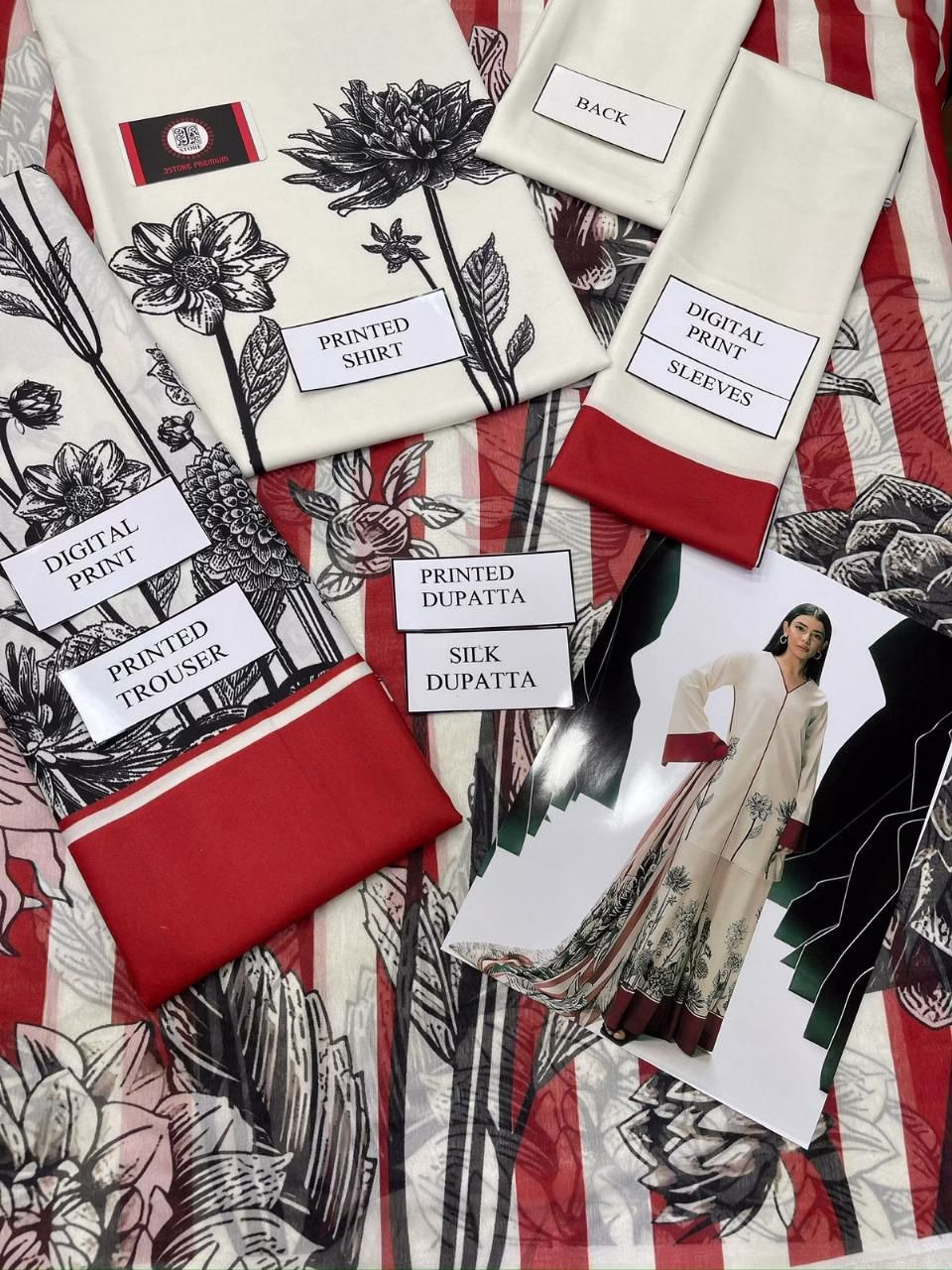 Premium Shamooz Silk Printed Unstitched 3PC Suit | Luxury Festive Wear (SHA) - Image 2