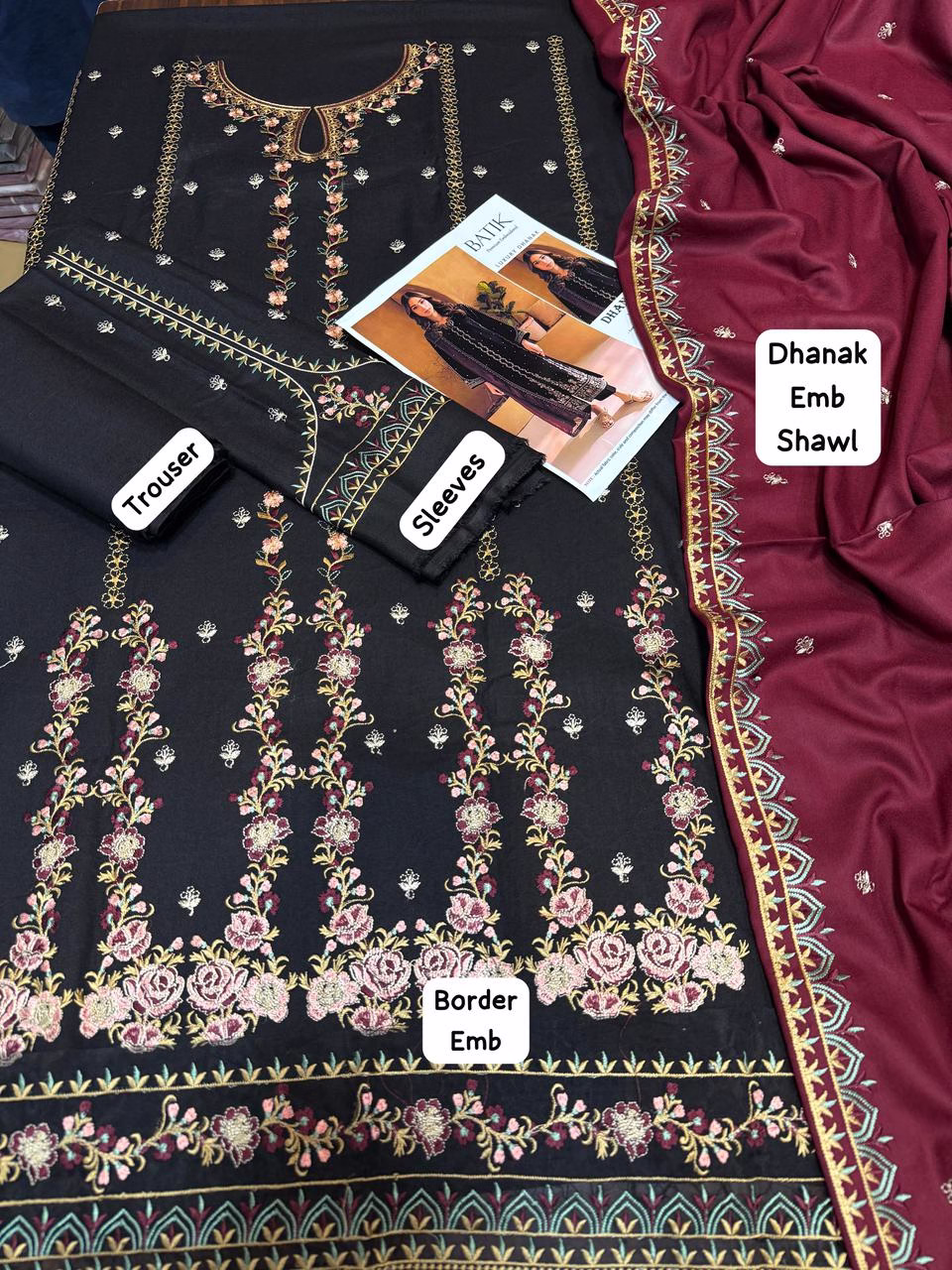 Batik Winter Collection | Dhanak 3PC Embroidered Suit with Shawl (ROR) - Image 2